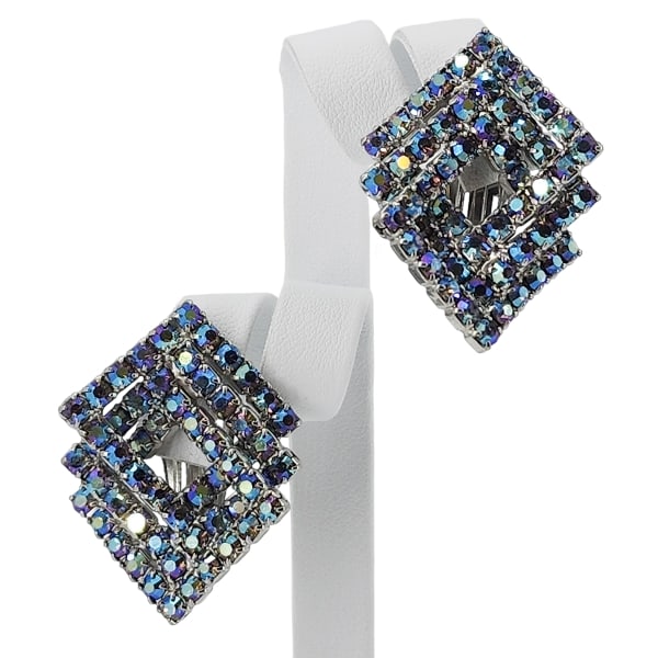 Vintage Blue Aurora Borealis Rhinestone Squares Clip Earrings (1 of 6)