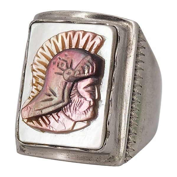 Vintage Carved Abalone & Mother of Pearl Roman Centurion Ring, Sz 9.25: Vintage Carved Abalone & Mother of Pearl Roman Centurion Ring, Sz 9.25. Silver tone. Unmarked/unsigned. Visible surface wear on interior.