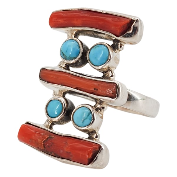 Modern Native American Sterling Silver Turquoise & Red Coral Ring, Sz 7.75 (1 of 9)