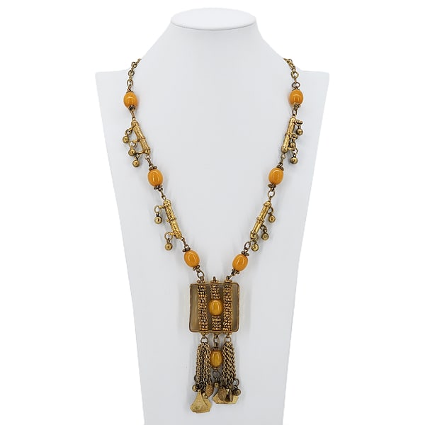 Vintage Brass Bells & Bakelite Beads Necklace: Vintage Brass Bells & Bakelite Beads Necklace. Brass with swirls butterscotch bakelite (Simichrome tested) beads. Missing one bell - pictured. 30" with 5" drop. Unmarked/unsigned