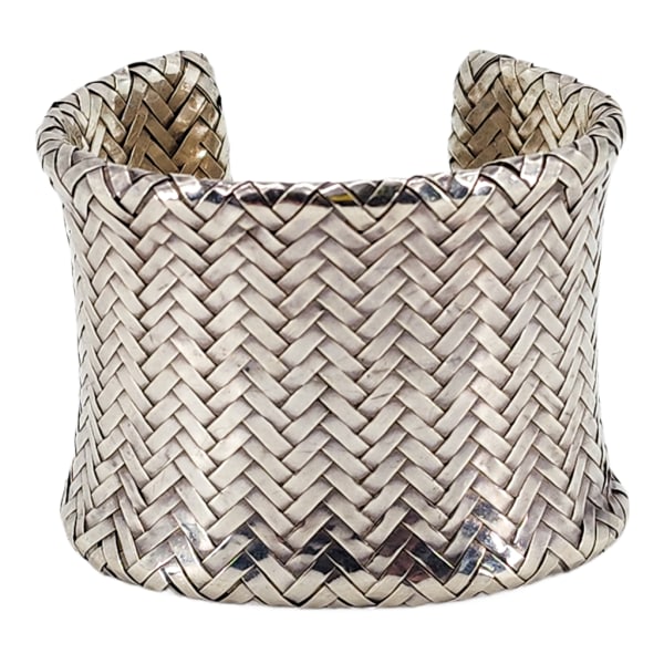 Vintage Sterling Silver Wide Woven Herringbone Cuff Bracelet (1 of 11)