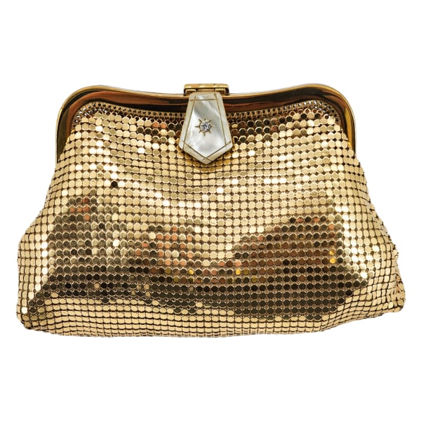 Vintage WHITING & DAVIS Gold Tone Mesh Evening Clutch w/ Moonglow Lucite & Rhinestone Clasp (1 of 7)