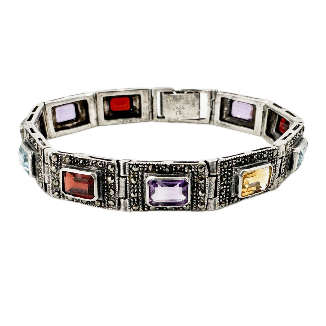 Vintage Sterling Silver Marcasite & Gemstone Link Bracelet: Vintage Sterling Silver Marcasite & Gemstone Link Bracelet with 10 Cut Colorful Gemstones Measures 7" Length with an Overall Weight of 25.65 Grams