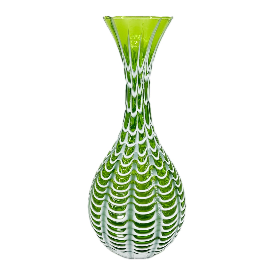 Fratelli Toso Murano Art Glass Fenicio Green Vase: Vintage Early 20th Century Fratelli Toso Murano Art Glass "Fenicio" Green Vase w White Spiderwebbing