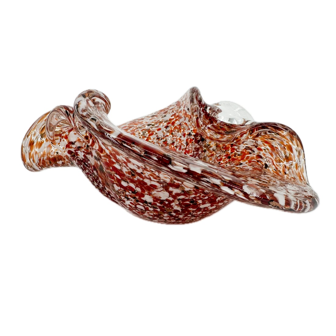 Murano Sommerso Art Glass Free Form Bowl: Vintage Murano Sommerso Hand Blown Art Glass Free Form Sculptural Bowl in Clear Glass with Red, Orange & Brown Flecks
