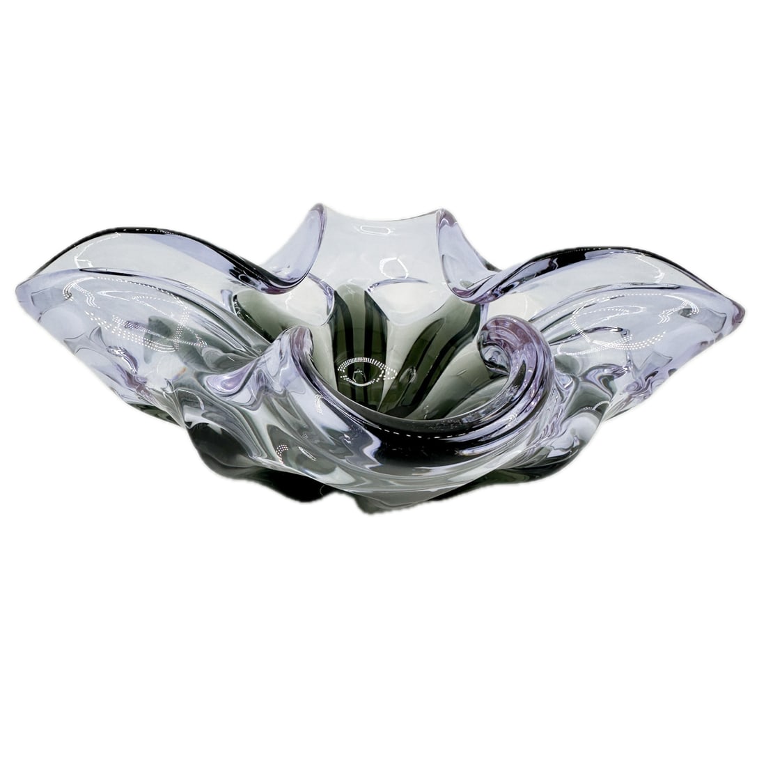 Large Tiffin Twilight Purple & Gray Sculptural Art Glass Bowl: Vintage Large Tiffin Twilight Purple w/ Gray Base Sculptural Art Glass Bowl