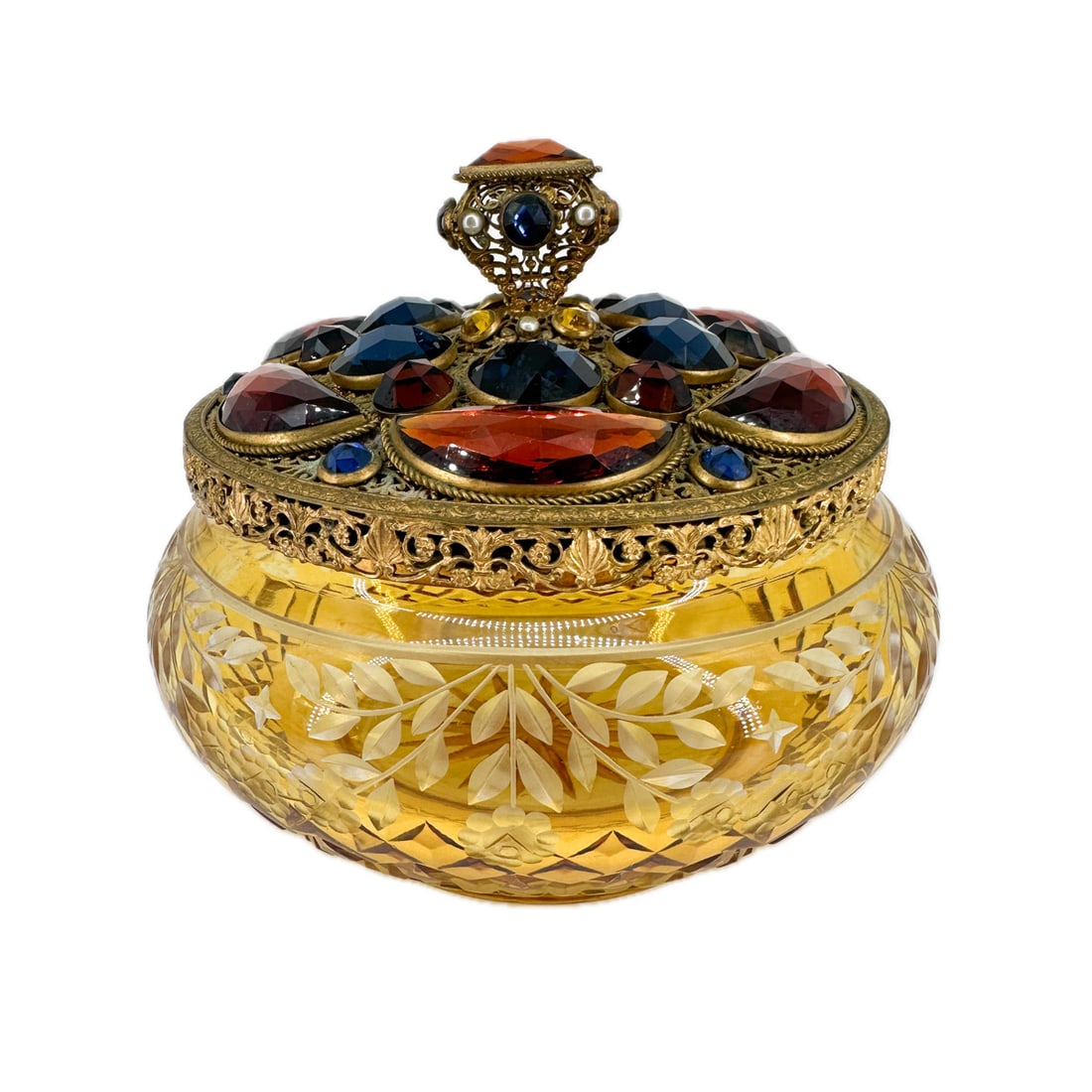 Austrian Bohemia Cut Glass Powder Jar w Jeweled Lid (1 of 11)