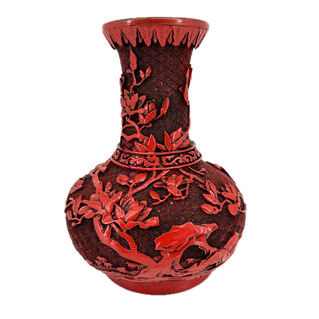 Chinese Red Cinnabar Resin Lacquer Vase: Vintage Chinese Red Cinnabar Resin Lacquer Vase