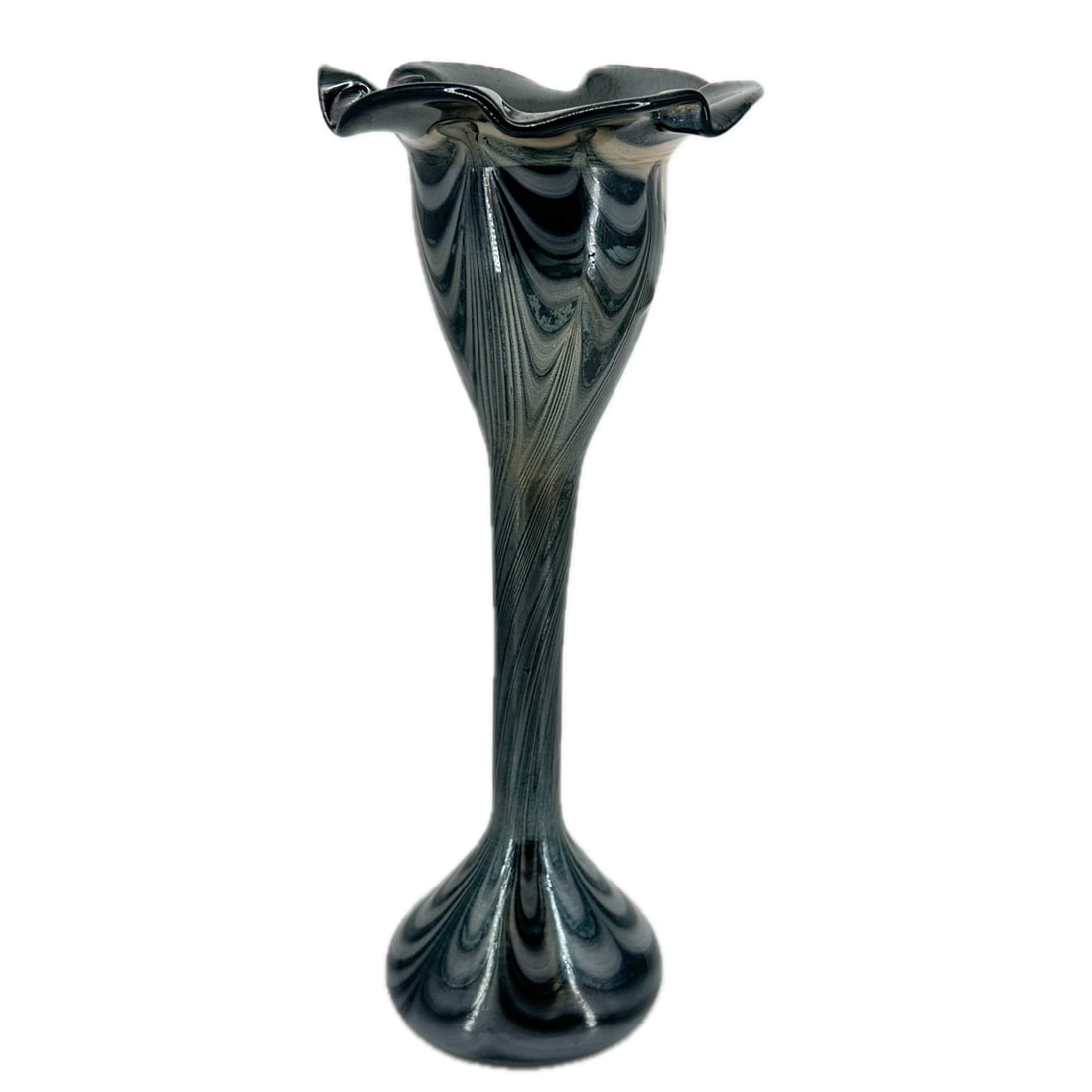Hand Blown Studio Art Glass Feather Pattern Trumpet Vase: Vintage Hand Blown Studio Art Glass Feather Pattern Trumpet Vase