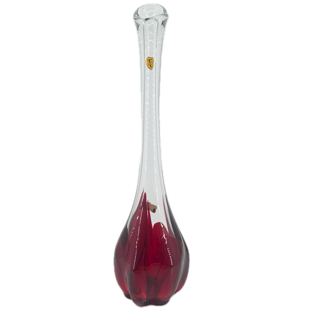Mid-Century Tiffin Art Glass Handmade Ruby/ Clear Swung Vase: Mid-Century Tiffin Art Glass Handmade Ruby/ Clear Swung Vase with Original Foil Tag