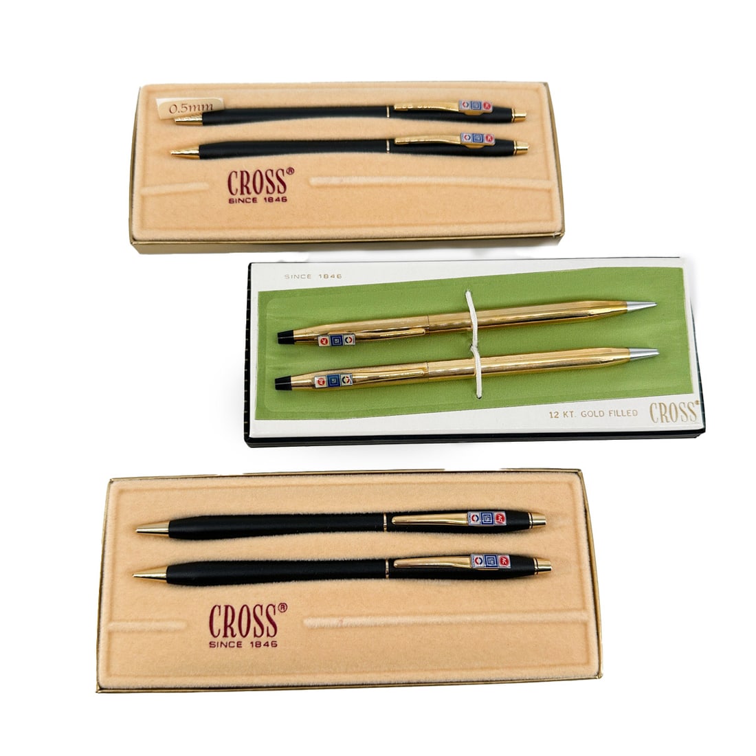 Lot of Cross Pen/ Pencil Sets: Lot of 3 Vintage Cross Pen/ Pencil Sets Advertising AC GM Delco including 1- 12K Gold Filled Set and 2 Classic Black Sets- All with Original Boxes and Paperwork