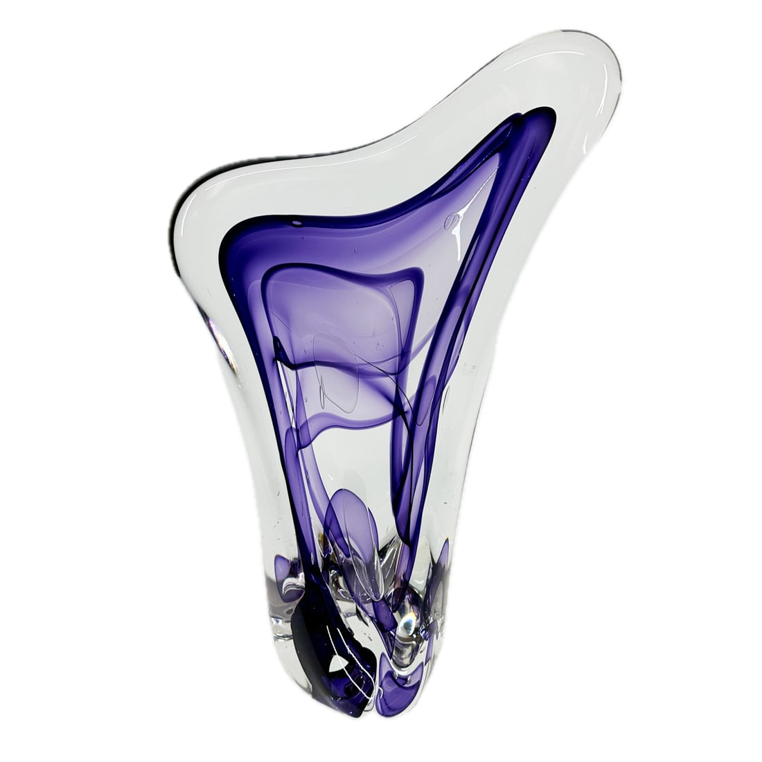 Vintage Rollin Karg Art Glass Sculpture: Vintage Rollin Karg Art Glass Sculpture Pulled purple in clear freeform, asymmetrical glass. Signed "Karg 1996" on side at base.