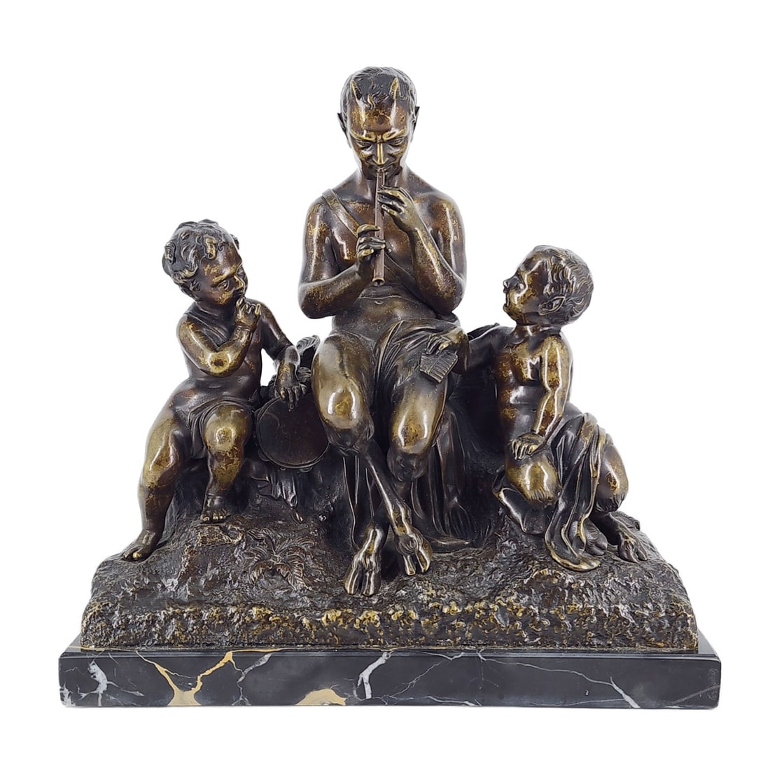 Vintage Neoclassical Style Bronze of Pan the Saytr with Youth: Vintage Neoclassical Style Bronze of Pan the Saytr Playing His Flute with a Human Child on One Side and Young Satyr on the other. Mounted on Marble Base. Late 19th/ Early 20th Century