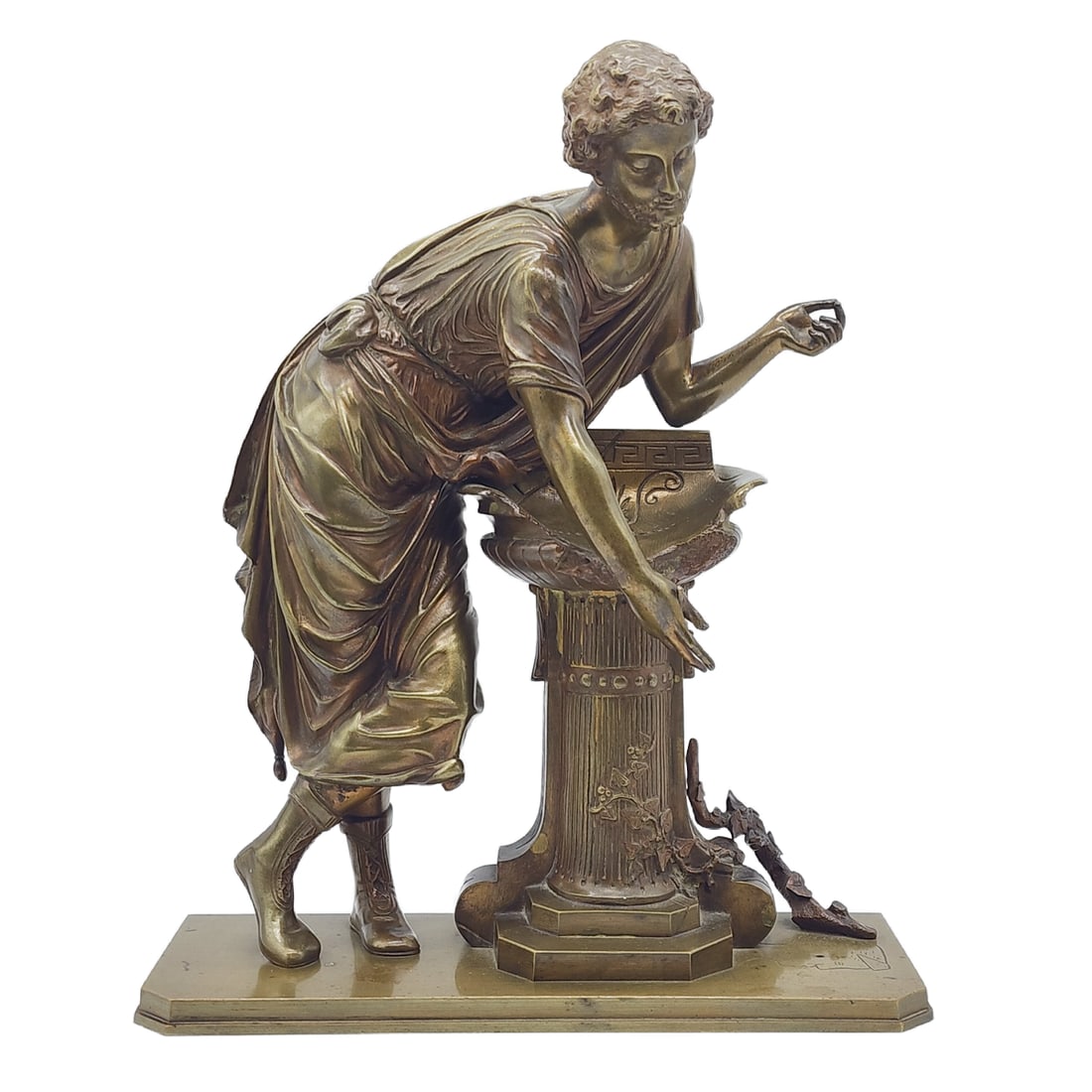 Duchoiselle Neoclassical Bronze Statue of Man at Fountain: Vintage Duchoiselle Neoclassical Bronze Statue of Man at Fountain