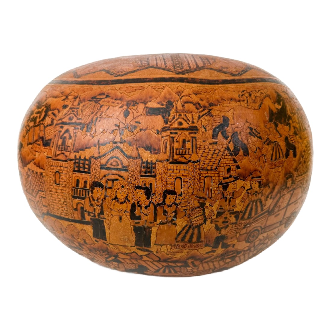 Large Pablo Hurtado Incan Artist Large Wedding Gourd: Vintage Large Pablo Hurtado Incan Artist Large Wedding Gourd