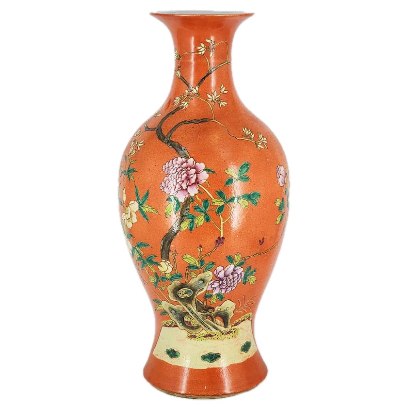 Large Antique Hongxian Era Chinese Famille Vert Coral Ground Vase: Large Antique Hongxian Era (1915-16) Chinese Famille Vert Coral Ground Vase with Floral Motif