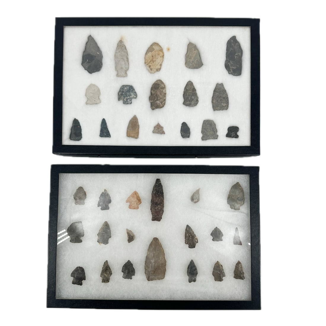 Group of Primitive Stone Arrowheads: Group of 16 Primitive Stone Arrowheads in Riker Specimen Mount