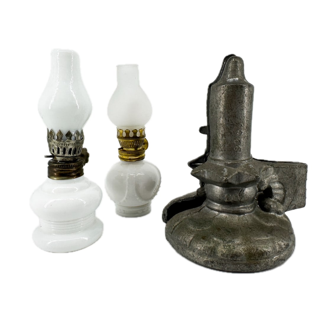 Candle Chocolate Mold & Miniature Oil Lamp Lot: Lot Consisting of a Candle Chocolate Mold No 207 by Schall & Co and Pair of Miniature Milk Glass Oil Lamps