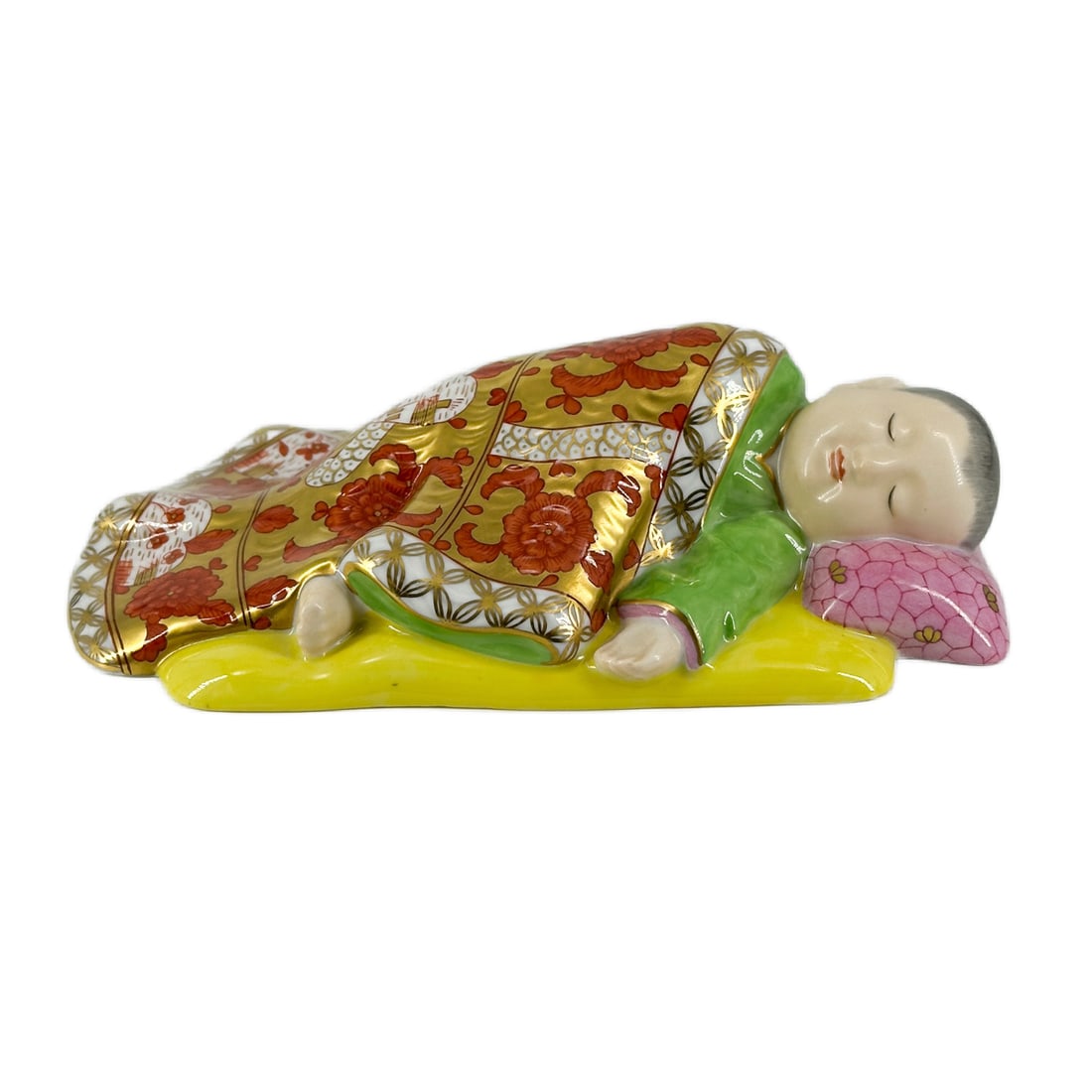 Herend Porcelain "Sleeping Boy" Figurine: Vintage Herend Porcelain "Sleeping Boy" Figurine Hand Painted with Gold Accents, Made in Hungary