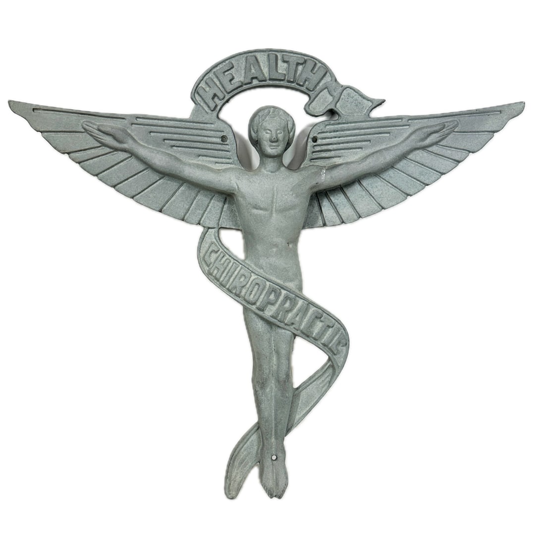 Cast Aluminum Art Deco Chiropractic Health Angel Emblem: Large Vintage Cast Aluminum Art Deco Chiropractic Health Angel Emblem Marked TPT