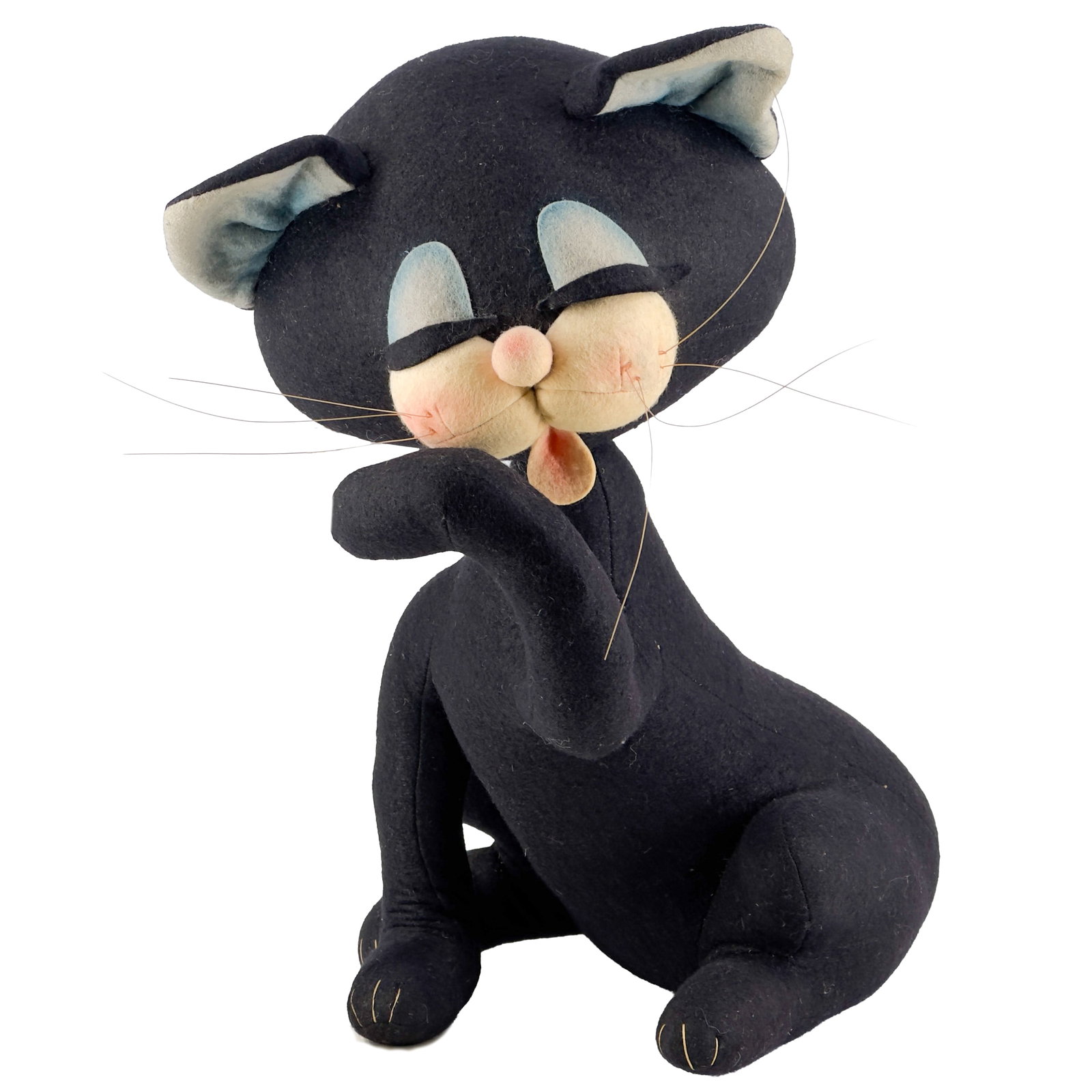 Vintage Lenci Black Cat Pressed Felt Art Doll: Vintage Lenci Black Cat with Closed Eyes, Licking it's Paw, Hand Crafted of Pressed Felt and Clear Acrylic String for the Whiskers Lenci Tag is on the Bottom Near the Tail of the Cat