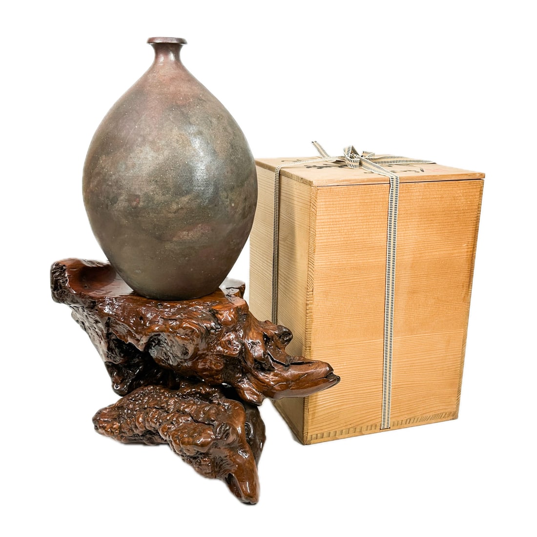 Large 1960's Tamba Tokkuri Vase on Nature Burled Wood Stand (1 of 15)