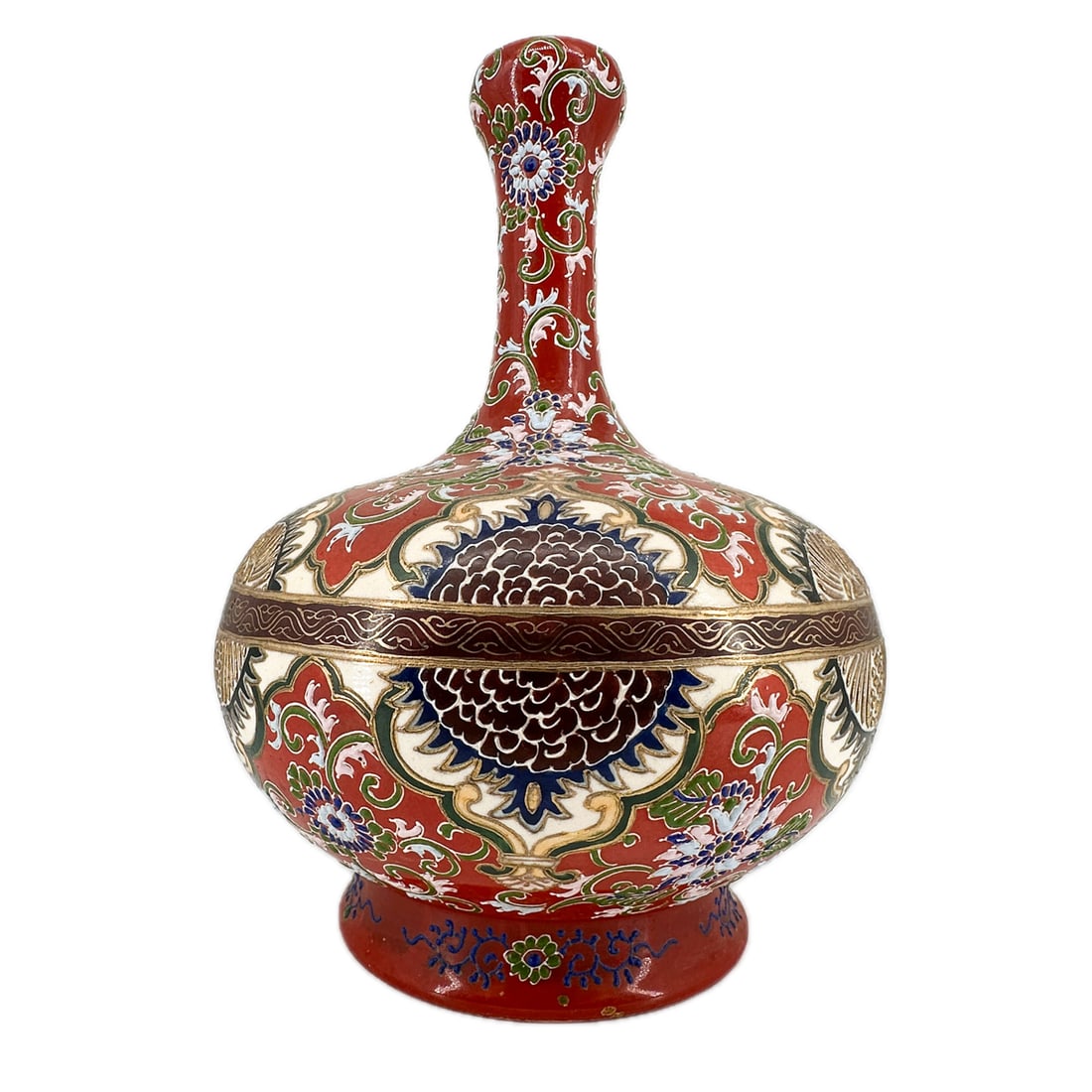 Japanese Satsuma Garlic-Mouth Vase: Vintage Japanese Satsuma Style Iron-Red Enamel Garlic-Mouth Vase