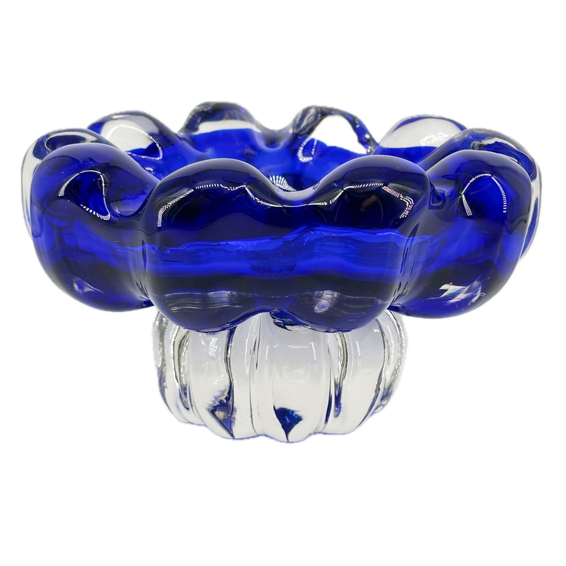 Mid-Century Cobalt Blue Murano Style Sommerso Art Glass Bowl: Mid-Century Cobalt Blue Murano Style Sommerso Art Glass Bowl, Deep Cobalt Blue & Clear
