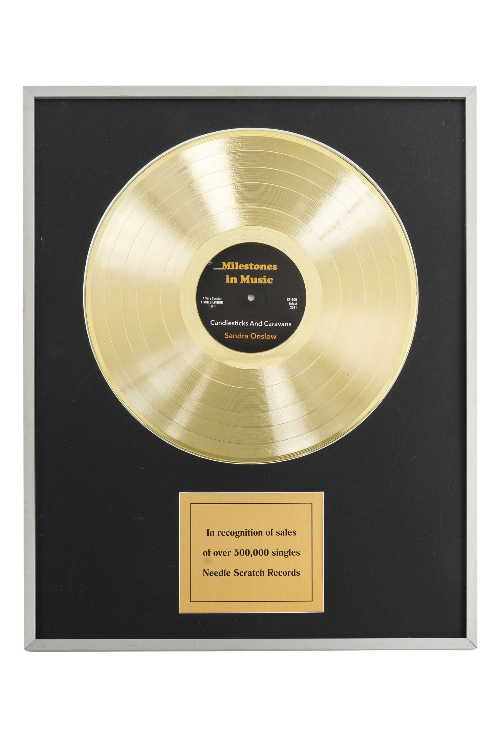 "Gotham" Sandra Onslow (Harriet Slater) Gold Record: A Sandra Onslow (Harriet Slater) gold record used in the action series "Gotham" (Warner Bros., 2014-2019). This record appeared in a main character?s office, enhancing the show?s aesthetic. The record