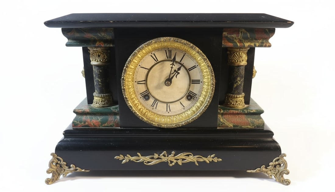 Antique Black Mantel Clock with Gilt Accents (1 of 4)