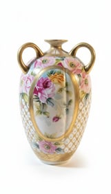 Antique Hand-Painted Porcelain Vase with Floral and Figural Scenes