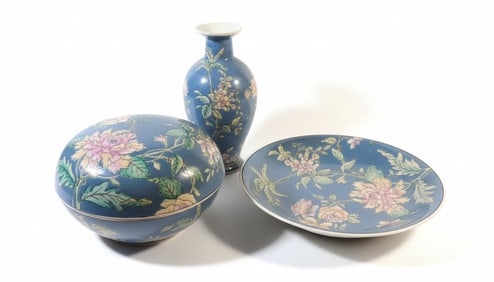 Vintage Hand-Painted Porcelain Bowl and Plate Set with Vase