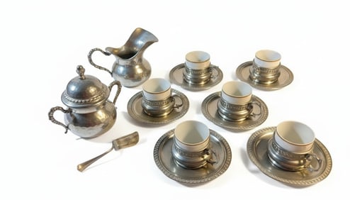 Vintage Demitasse Coffee Set with Porcelain Liners and Pewter Accents