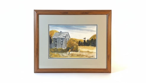 Watercolor Painting of a Rural Scene with Hunters