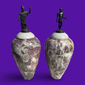 Grand Pair of Monumental Neoclassical Urns in Red Zebra Marble with Bronze Figural Lids