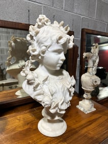 Exquisite 19th C. Hand-Carved White Marble Bust of a Young Girl with Calla Lilies