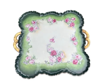 Hand-Painted Limoges Style Porcelain Tray with Gold Handles and Floral Detail