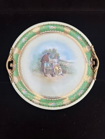 Antique Crown China Porcelain Cabinet Tray with Classical Courting Scene and Gold Handles