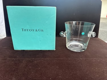 Tiffany & Co. Crystal Ice Bucket with Scroll Handles and Original Box