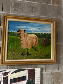 Framed Oil Painting of a Sheep in Pasture, Signed