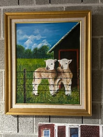 Framed Oil Painting of Two Lambs by Barn, Signed