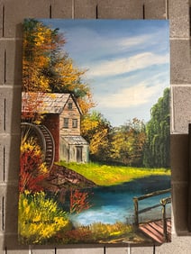 Original Oil Painting of Autumn Mill Scene by Shirley Koopersmith (Brooklyn/Merrick, NY, 20th c.)