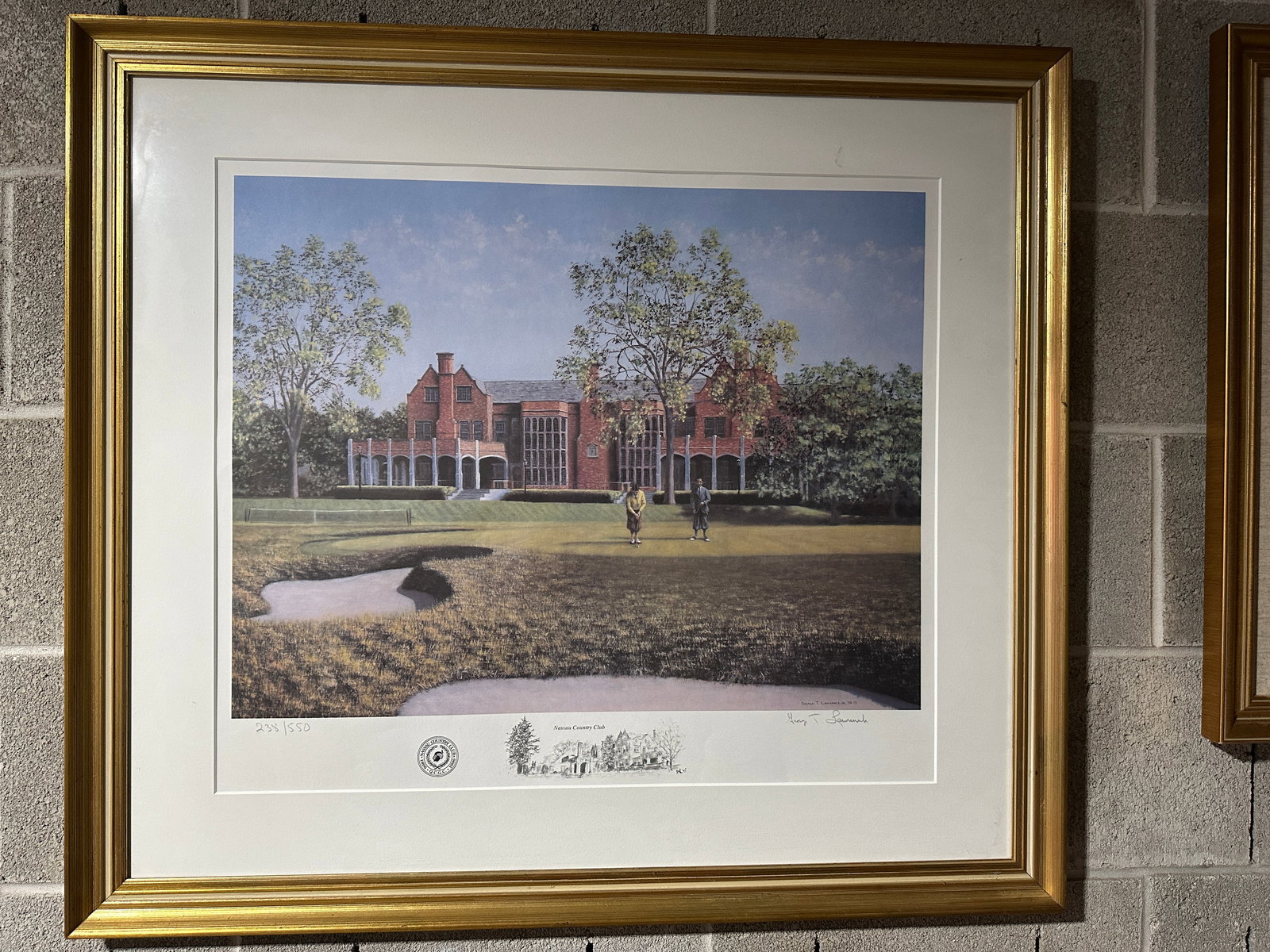 Limited Edition Golf Print – Nassau Country Club, Signed & Numbered by Larry T. Johnson: Fine limited edition print depicting the historic Nassau Country Club in Glen Cove, Long Island, a prestigious golf club founded in 1896. The artwork shows two golfers on the course with the club’s