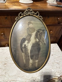 Antique Oval Portrait Photograph of Child on Pony – Ribbon Top Frame