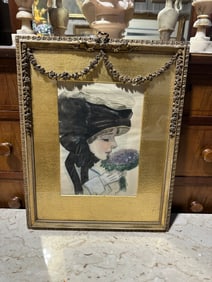Antique Watercolor Portrait of Lady with Hat & Flowers, Signed M.S.H., Gilt Frame