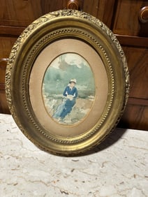 Antique 19th Century Watercolor Portrait of a Lady in Blue – Sanchez & Miller NY Label, Gilt Oval