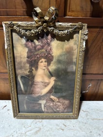 Antique Portrait of a Lady with Feathered Hat – Gilt Ribbon & Floral Frame