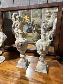 air of Antique Hand-Carved Alabaster Urns with Phoenix Bird Handles