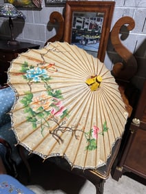Vintage Asian Hand-Painted Paper Parasol with Birds and Flowers
