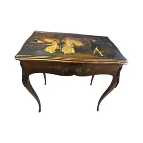 Antique Hand-Painted Continental Table with Romantic Scene, 19th Century